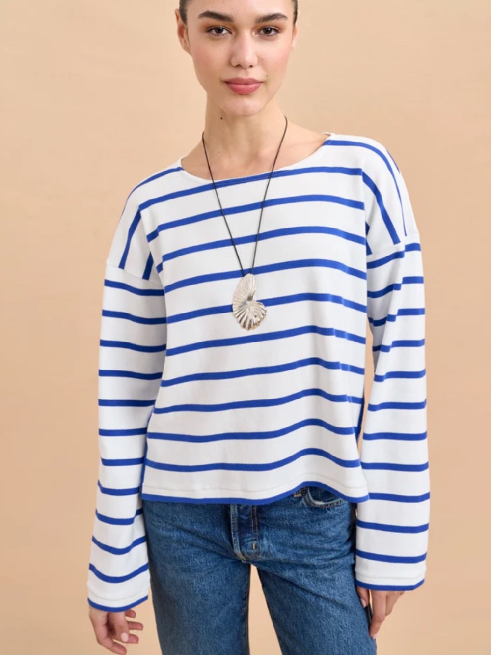 La Ligne Long Sleeve Breton Tee, Cobalt Blue/Ivory, Size Large - Picture 3 of 10